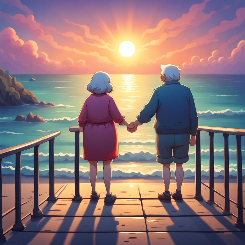 Romantic Cartoon Sunset Over the Ocean