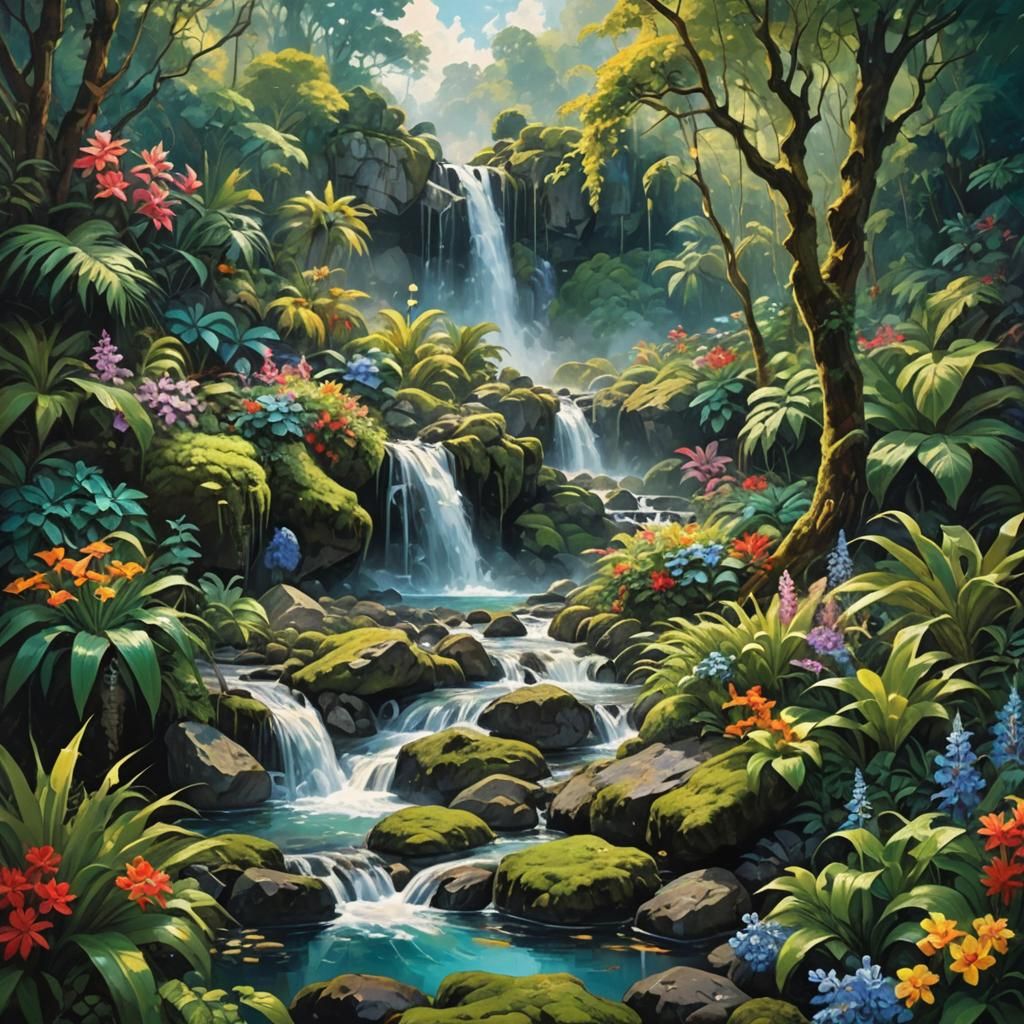 Lush Waterfall Scene in Pop Art Style