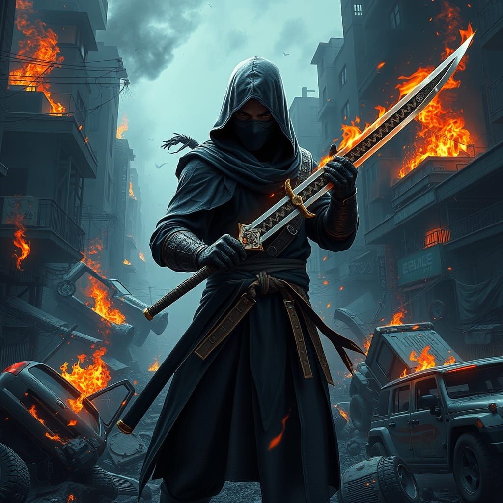 Ninja in a Ravaged Cityscape, Holding an Ild Sword