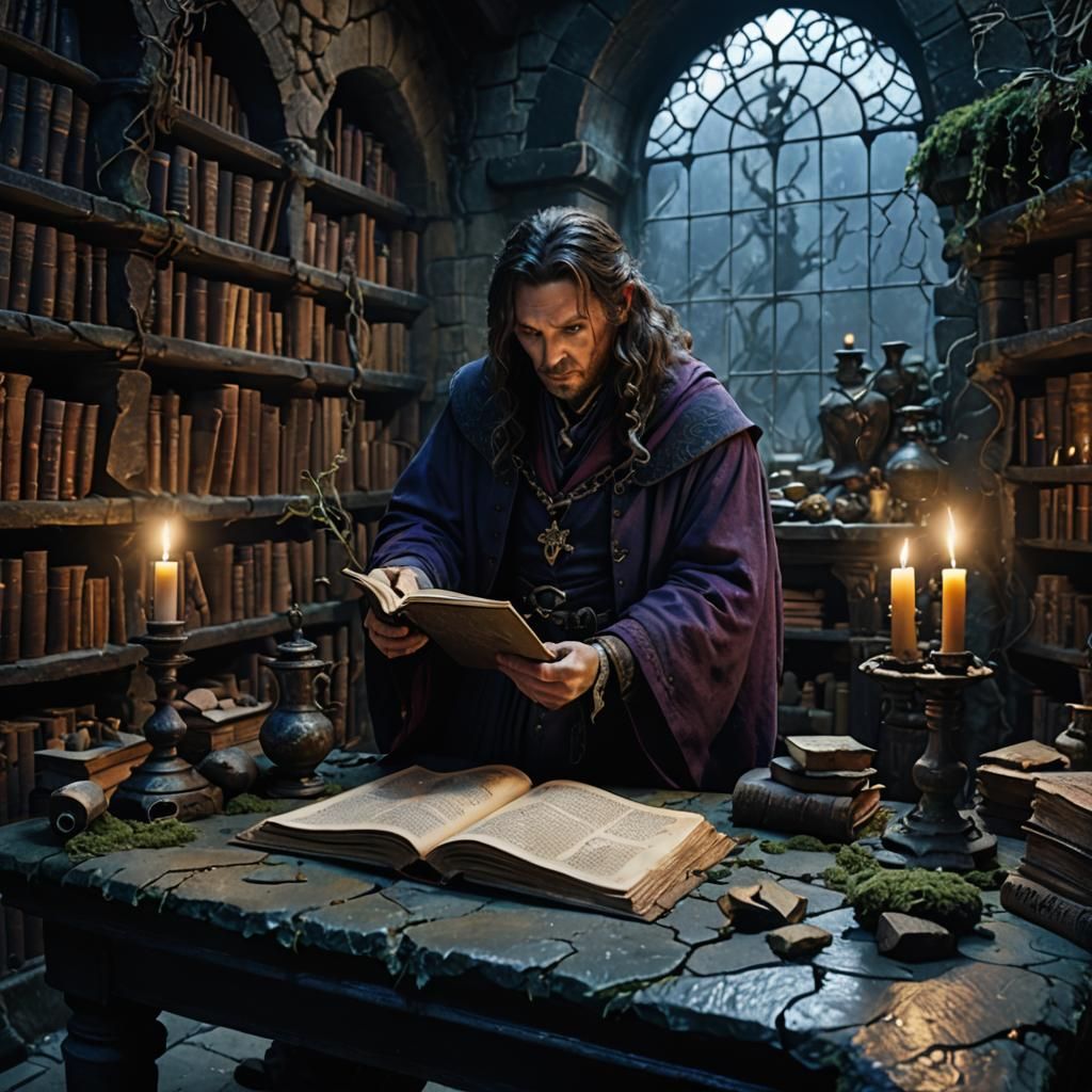 Warlock in Dimly Lit Stone Apothecary