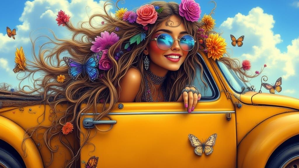 Vibrant Bohemian Woman in a Vintage VW Beetle