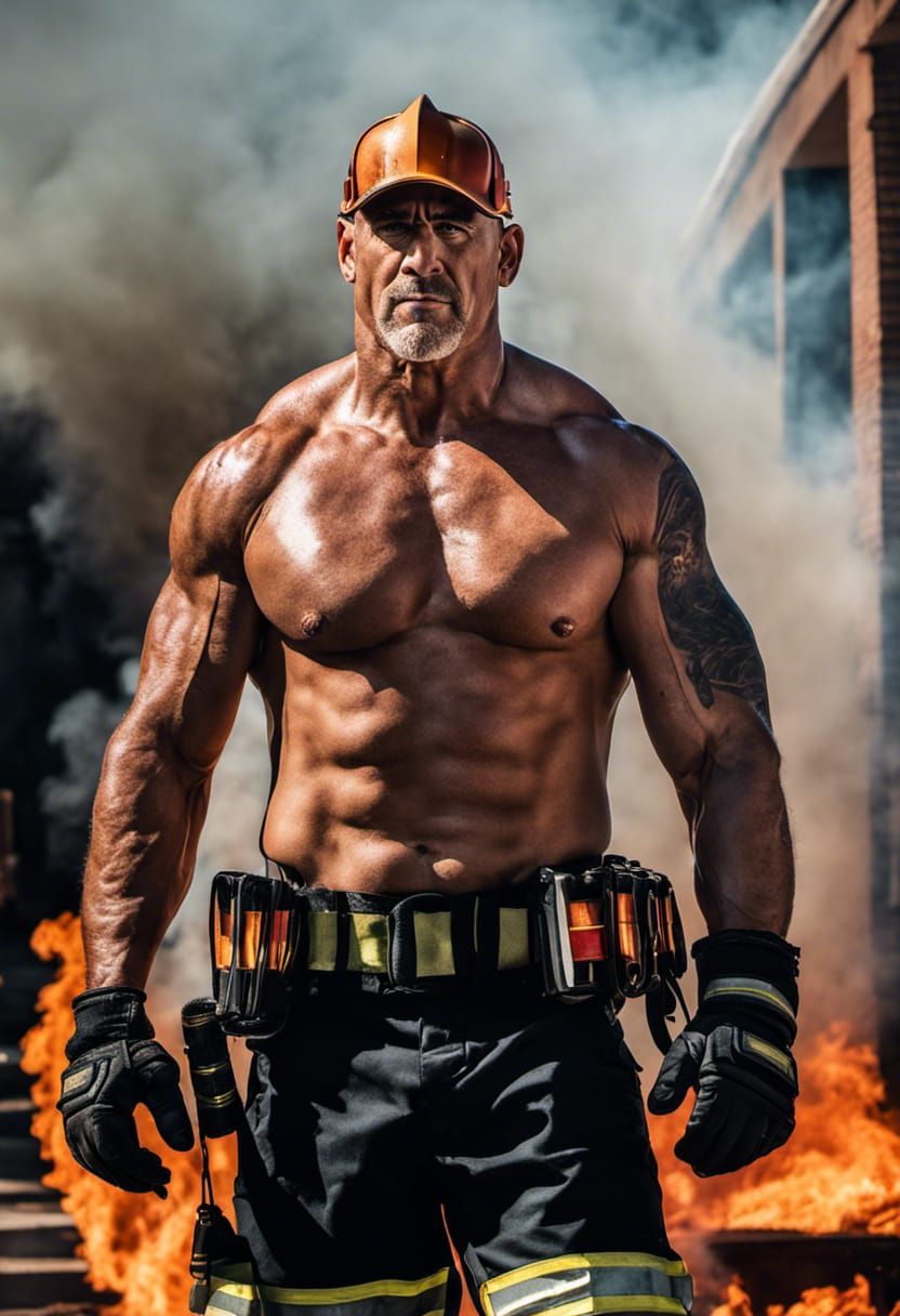 Shirtless Fireman in Burning Building: Hyperrealistic Digita...