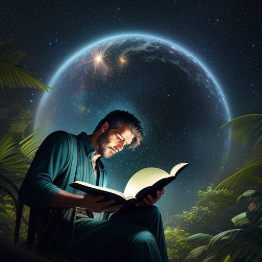 Man Reading in Cosmic Tree Hammock