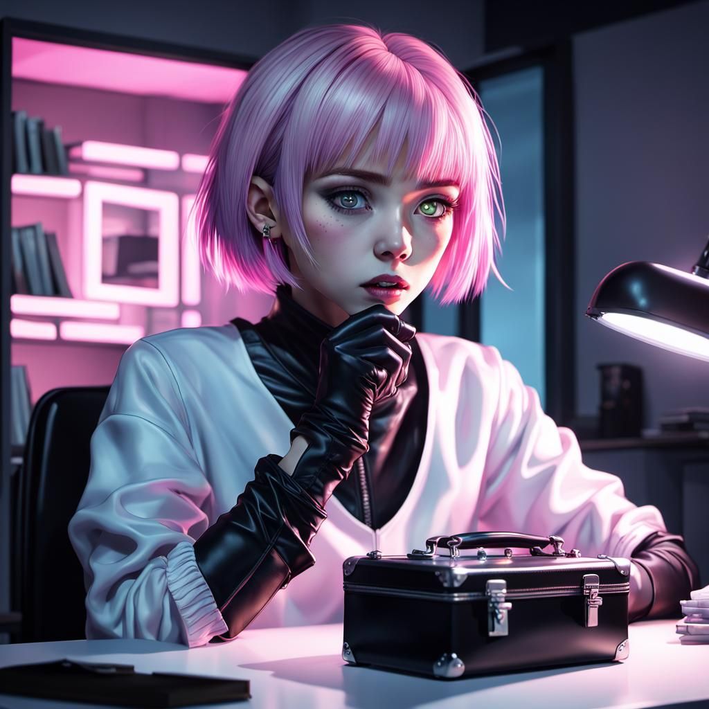 Shocked Goth Girl Opens Glowing Briefcase: Anime Art