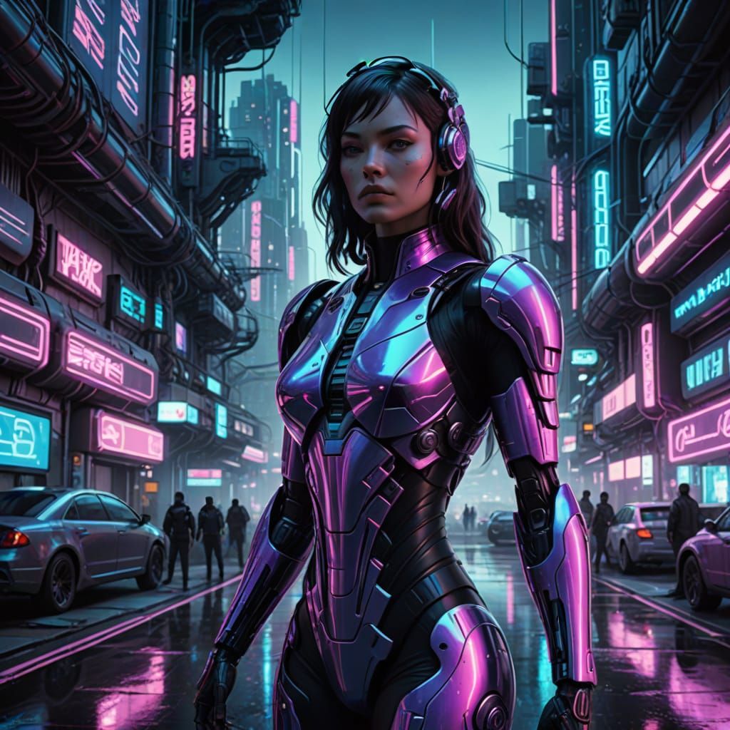 Cyberpunk Goddess in Neon-Lit Dystopia