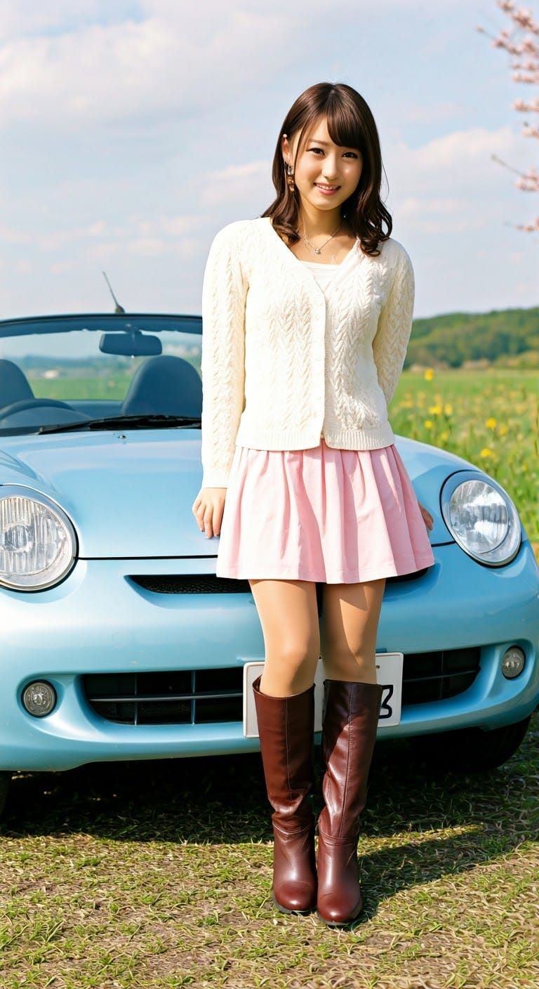 Japanese woman in casual spring wear and knee-high boots