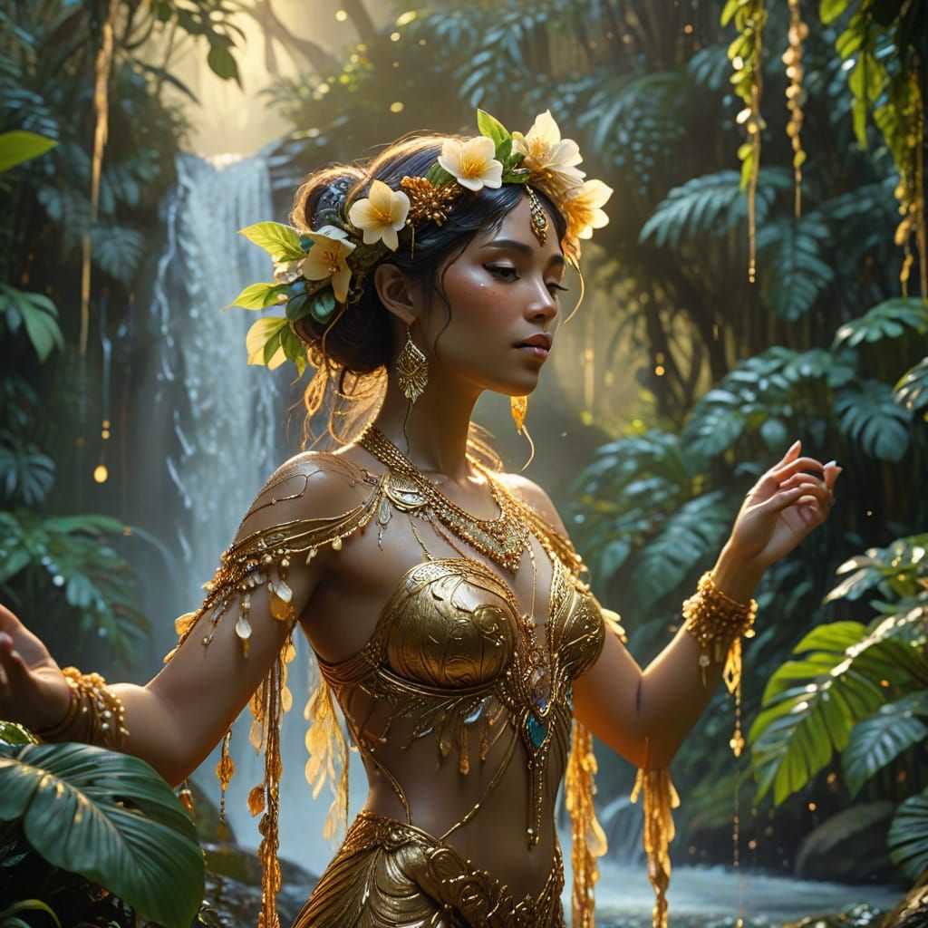 Indonesian Goddess Emerging from Waterfall in Art Nouveau St...