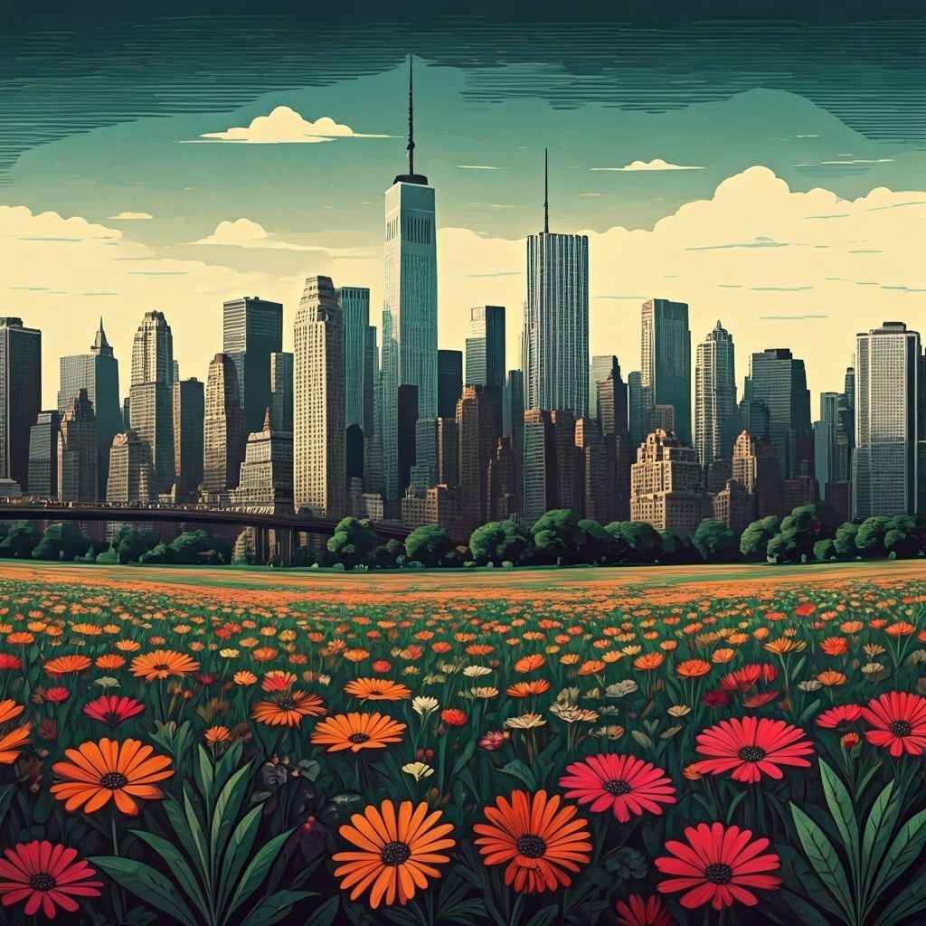 Futuristic New York City Amidst Wildflowers, Woodcut Style