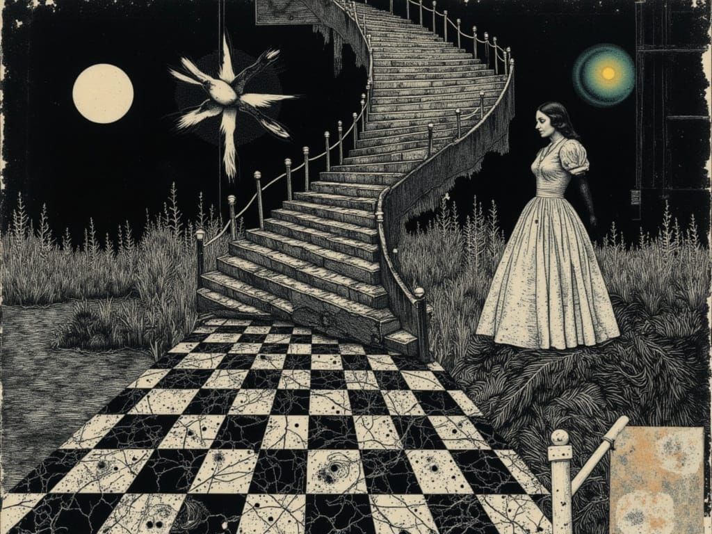 Alice and Neo's Surreal Staircase Adventure in Mixed Styles