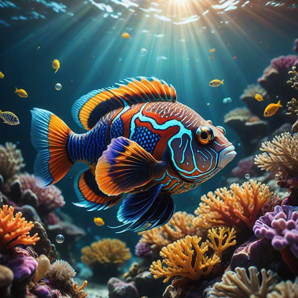 Vibrant Coral Reef Scene with Mandarin Fish