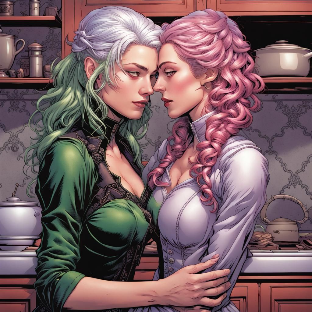 Two Women Embrace in Comic Book Art Style