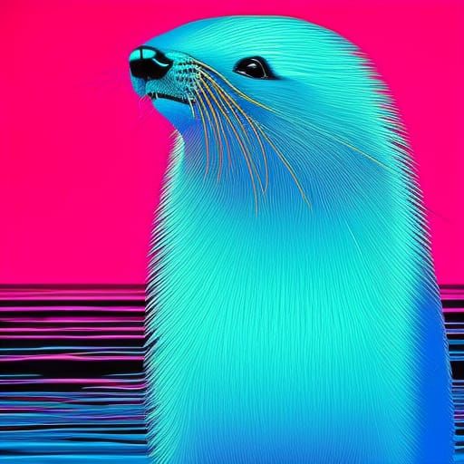 Metallic Blue Otter in Synthwave Neon Style