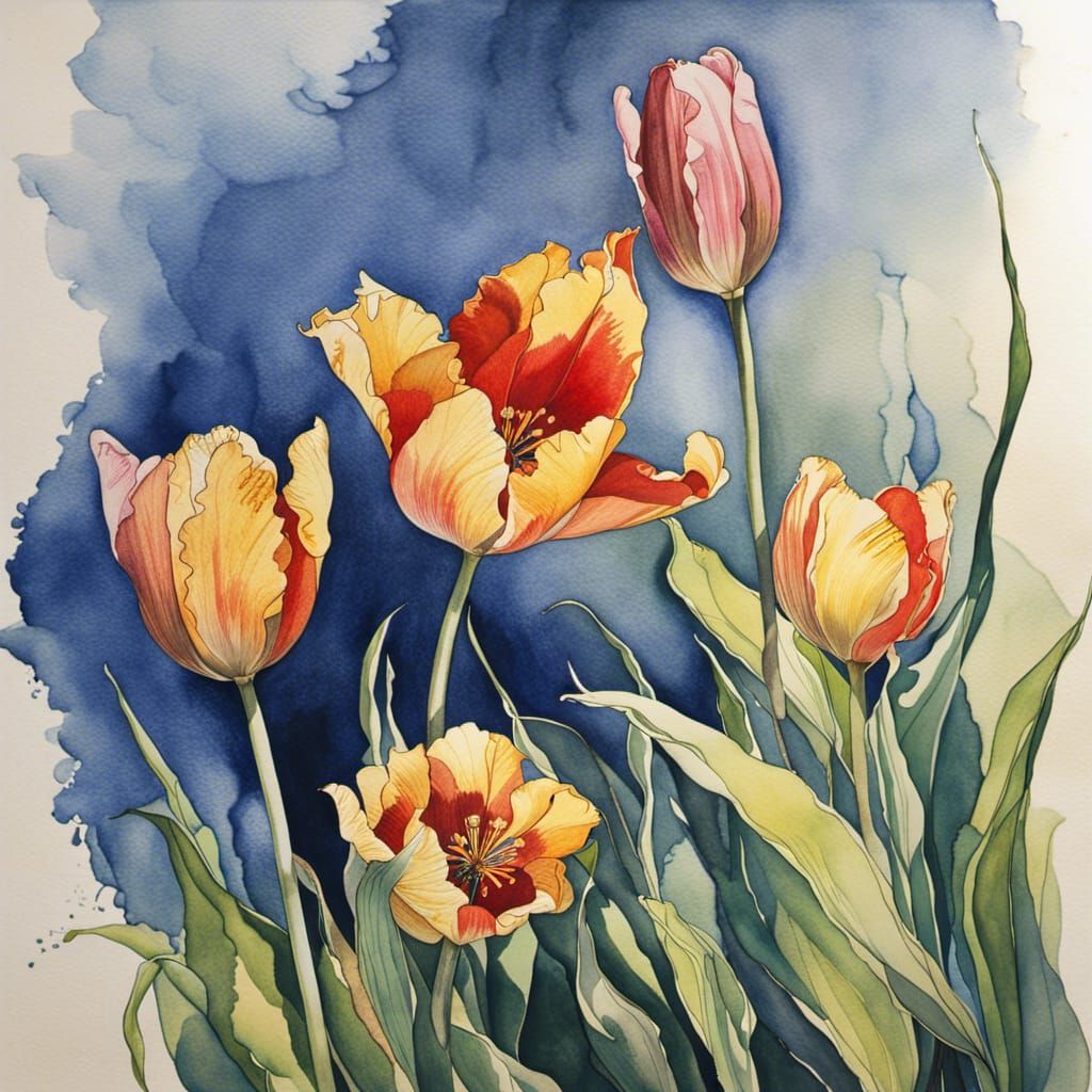 Botanical Watercolor of Tulipa Majoletti in Golden Hour