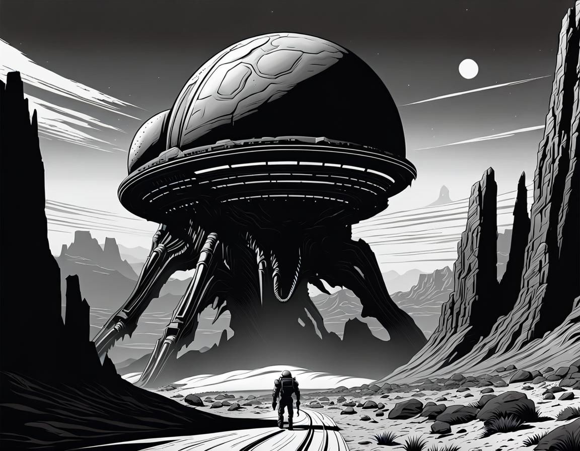 Ominous Alien Planet in Black and White Line Art