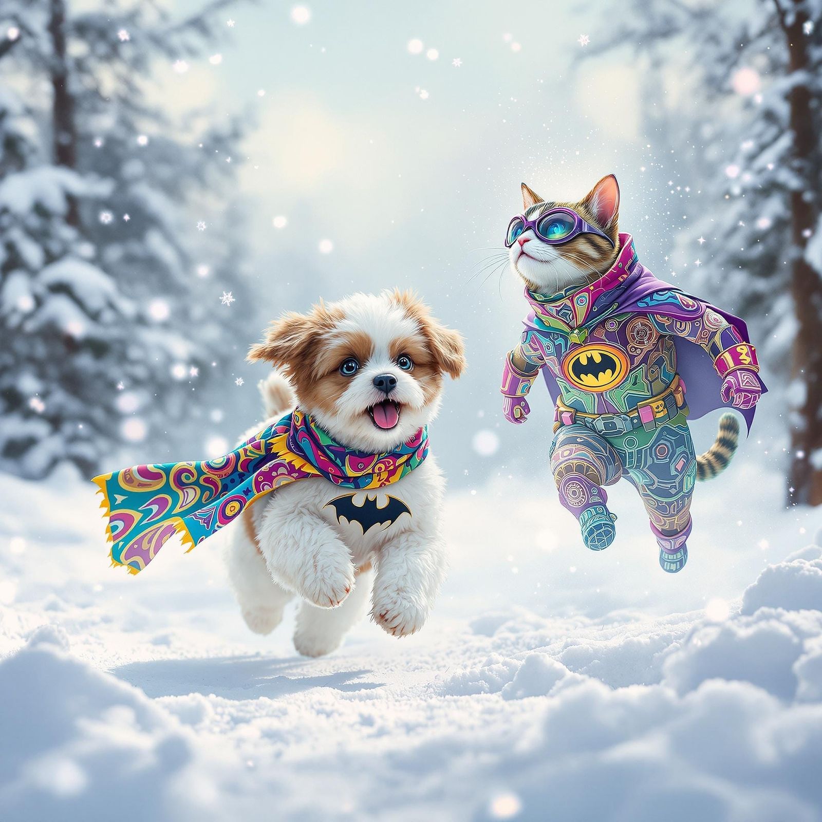 Whimsical Winter Wonderland: A Mixed Breed Dog and Cat Duo