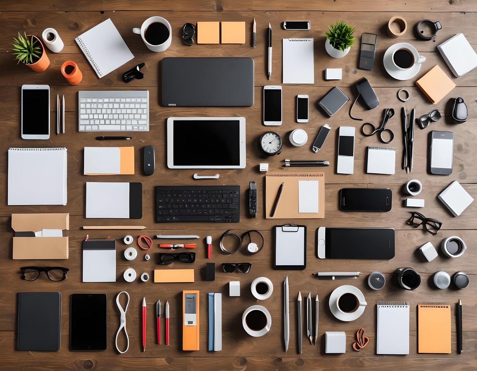 Modern Office Gadgets on Wooden Tabletop