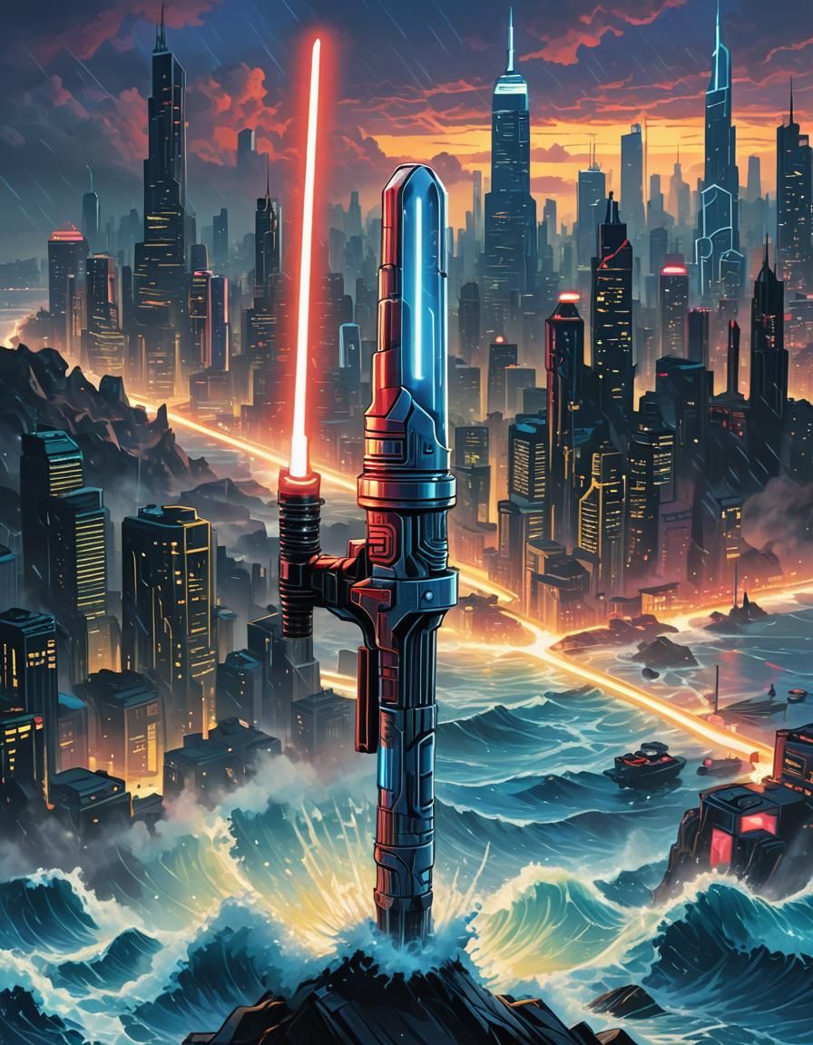 Cyberpunk Water Lightsaber Art in Pop Art Style
