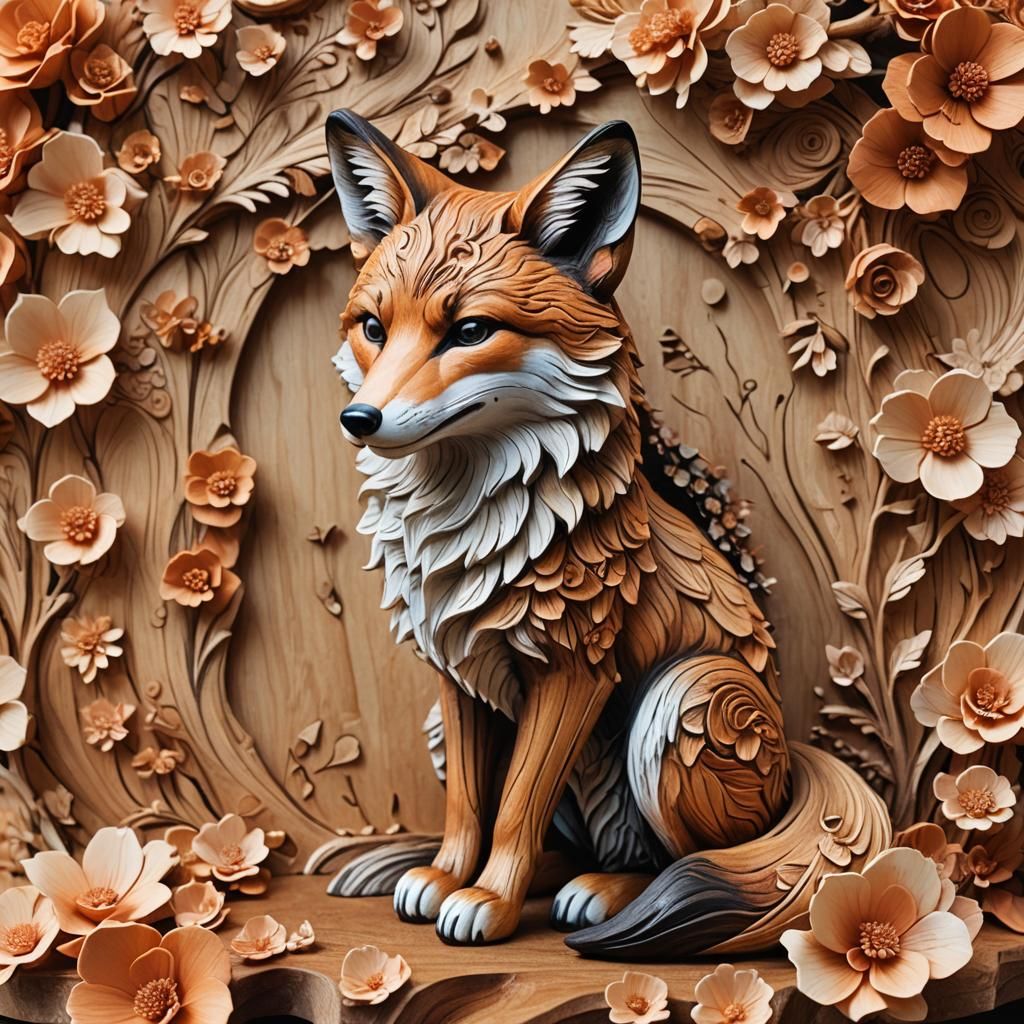 Hyper-Realistic Wood Carving of a Sitting Fox Figurine
