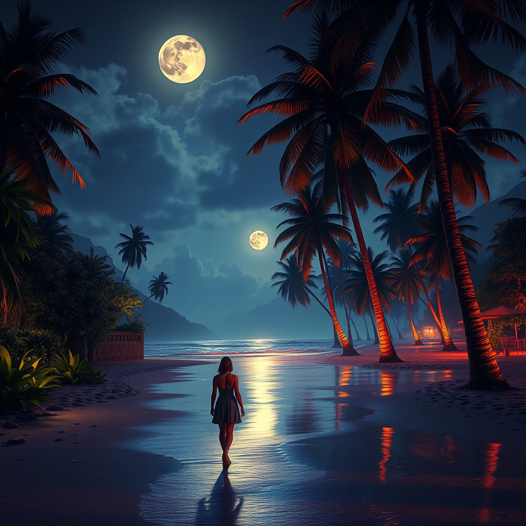 Moonlit Beach Stroll: Ipanema in Digital Art Style