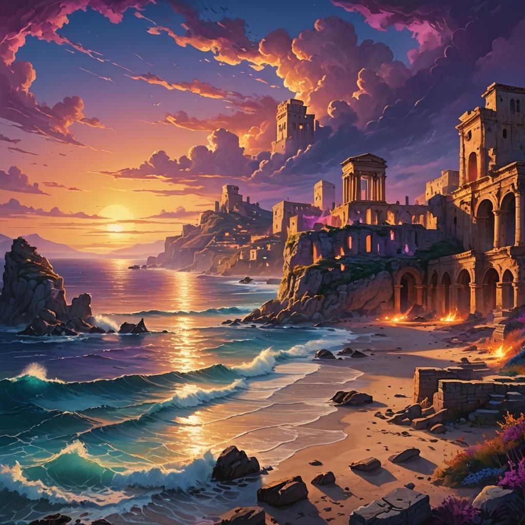 Mediterranean Coast Dreamscape: Bioluminescent Fantasy Art