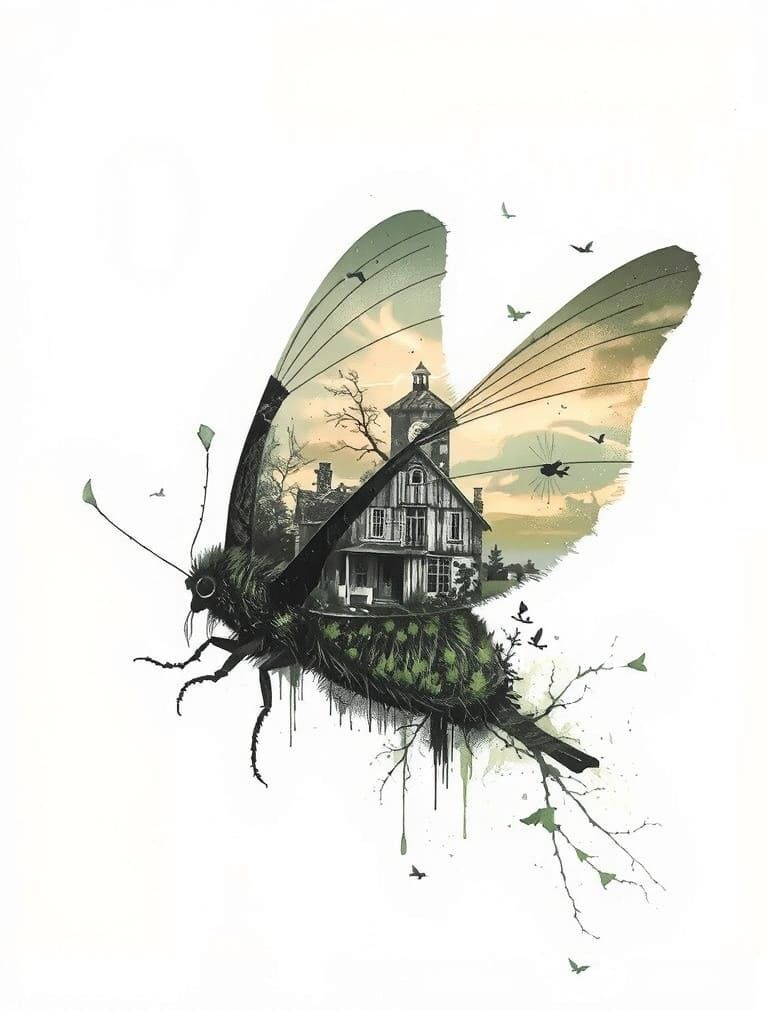 Double exposure of a Delicate moth in soft focus, double exposed over a rustic old farmhouse with weathered wooden beams...