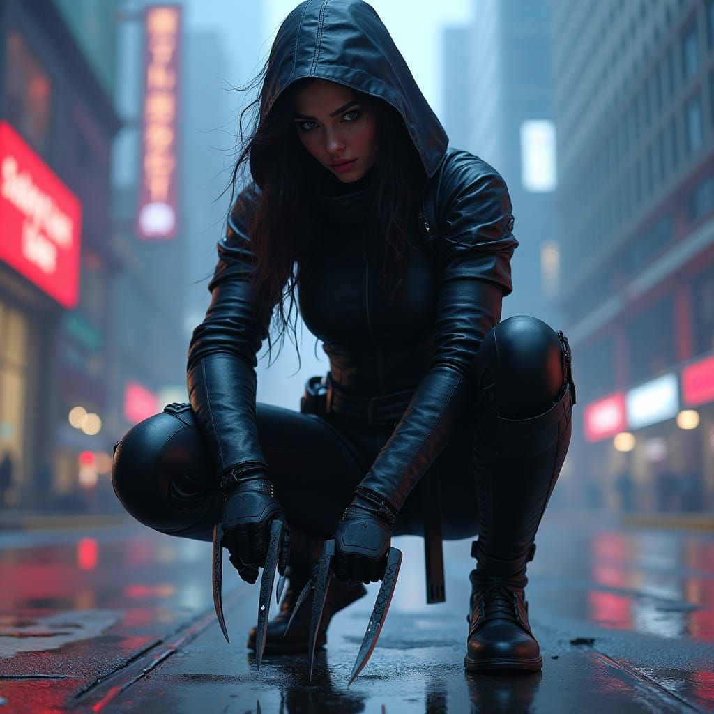 Cyberpunk Female Assassin in Futuristic Cityscape