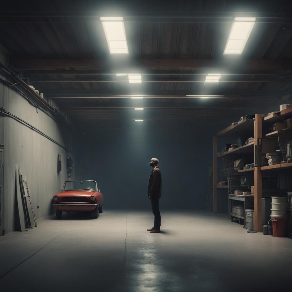 Man Alone in Garage: Minimalist 3D Portrait
