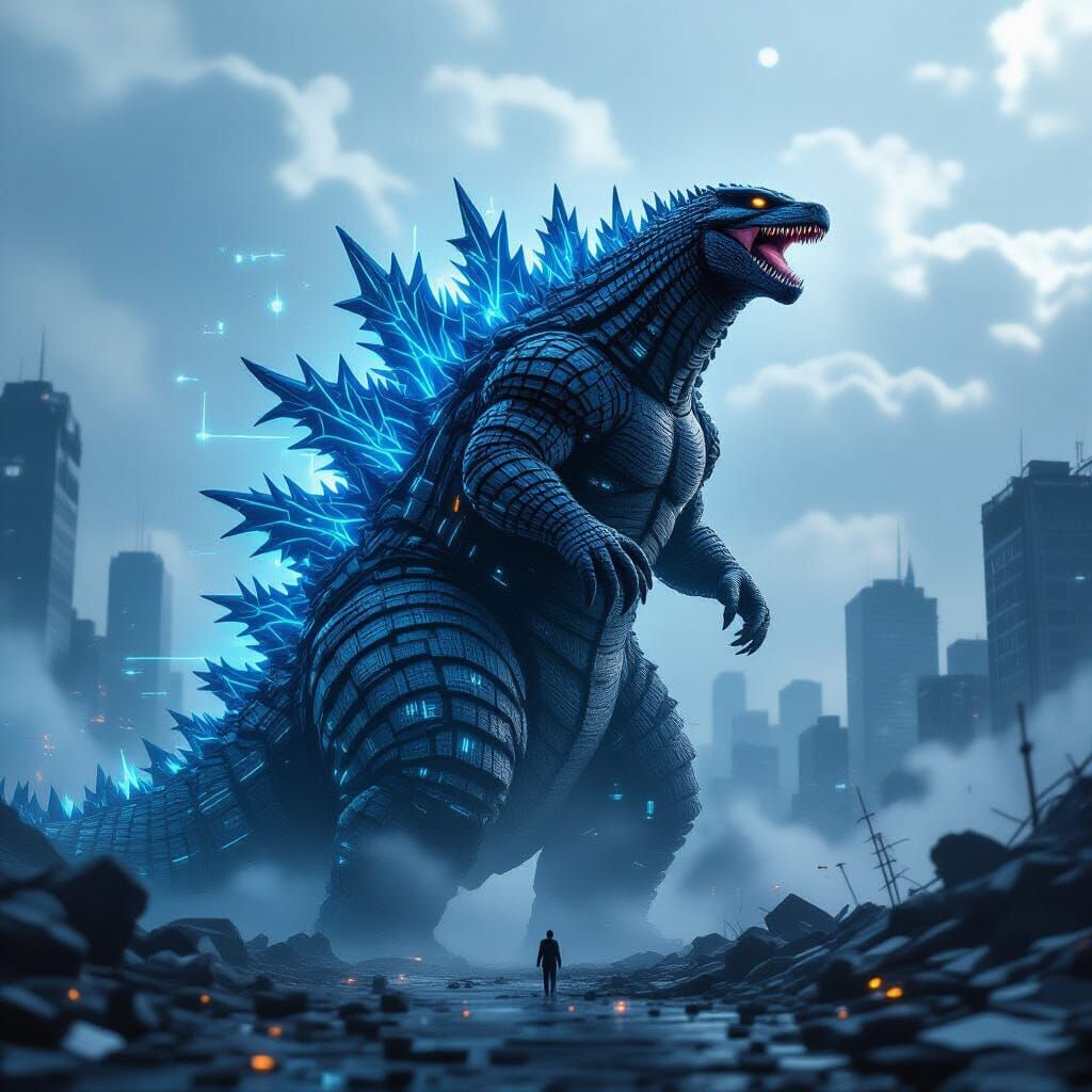 Digital Godzilla Roars in Cyberpunk Cityscape