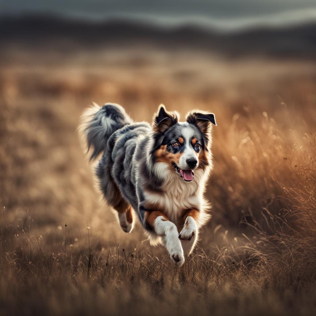 Australian Shepherd and Fox on the Prairie