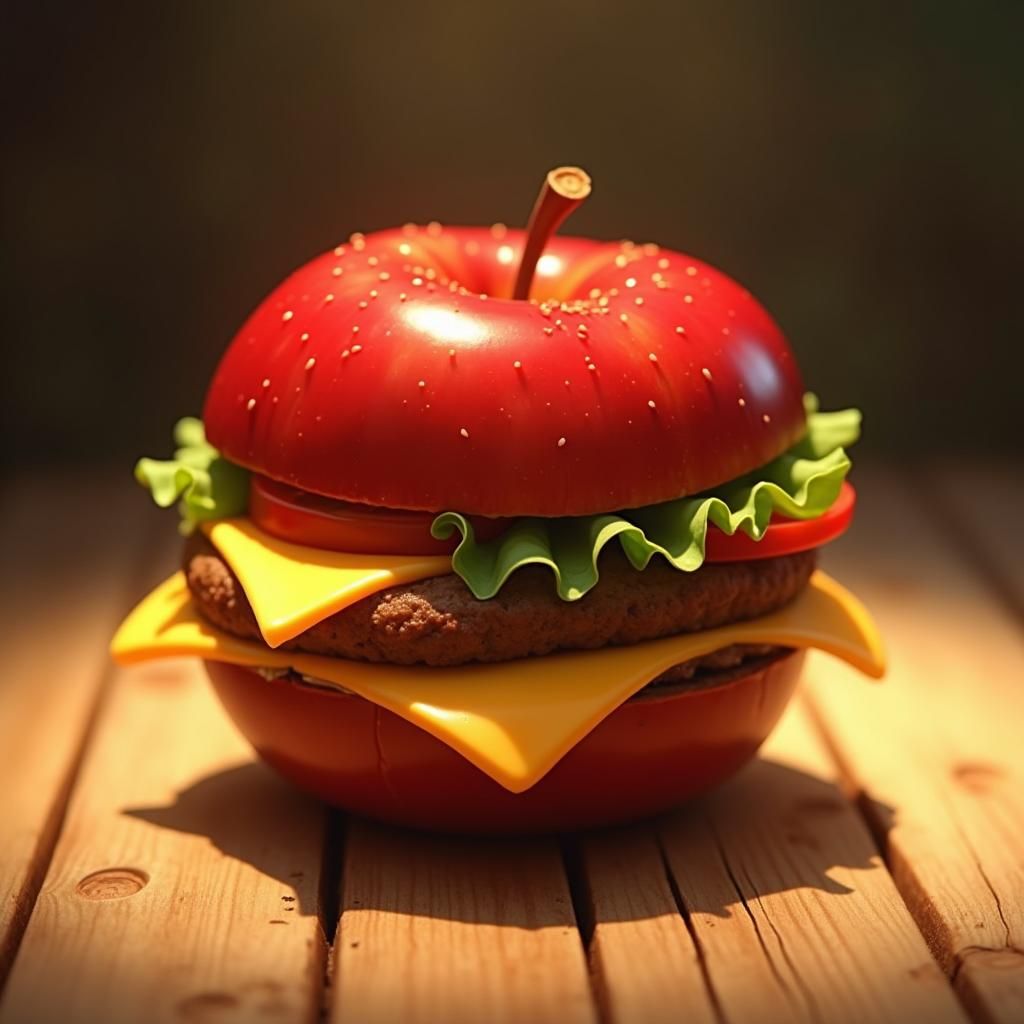 Apple Transforms into Hamburger, Whimsical Realism