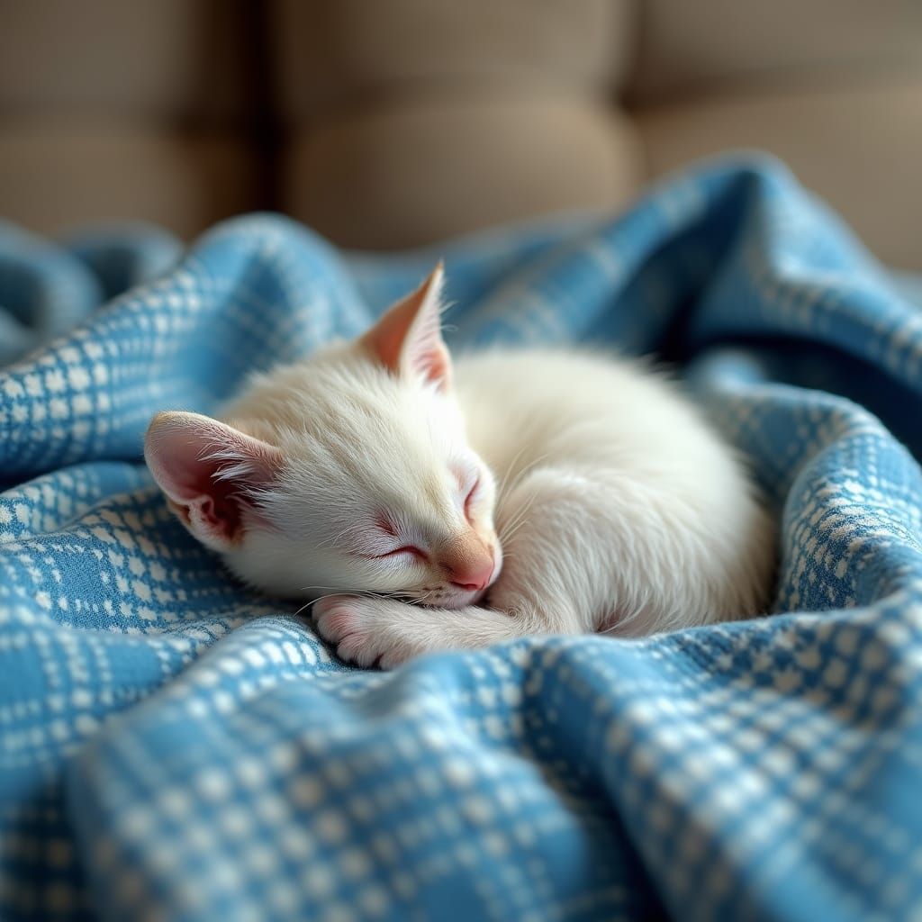 Vibrant Siamese Kitten Snuggled in Gingham Check Blanket