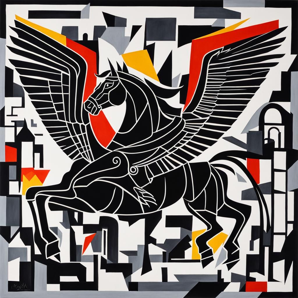 Cubist Pegasus with Bat Wings Over Parthenon