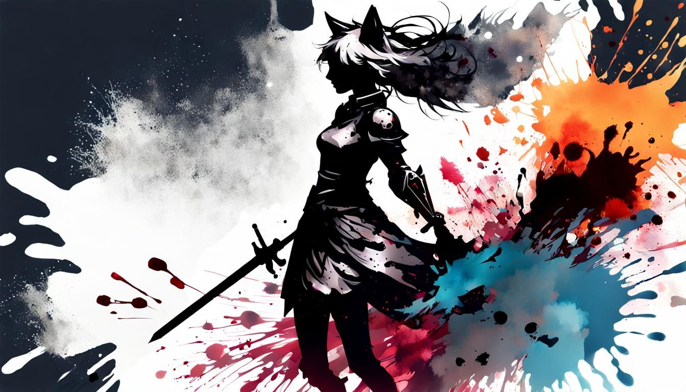 Ink Splotch Knight Fox Girl in Anime Style