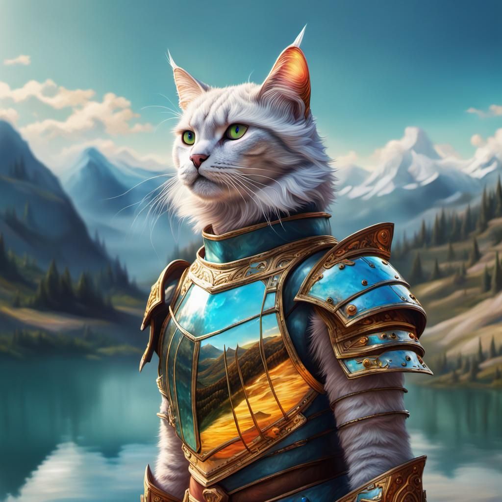 Celestial Armored Cat God in Mountain Lake