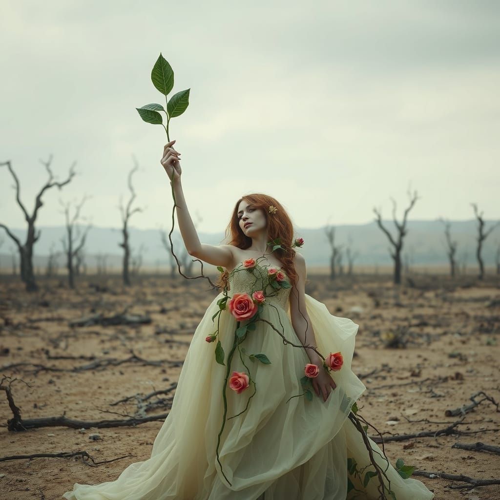 Woman with Last Leaf in Barren Wasteland