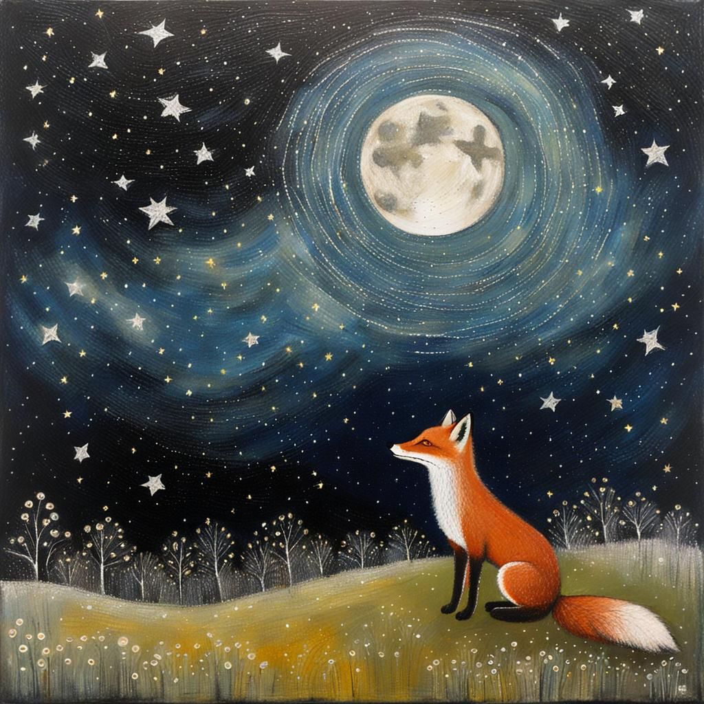 Fox Under Starry Sky in Folk Art Style