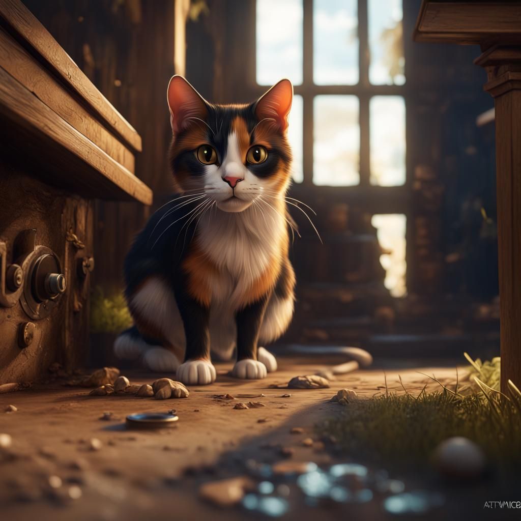 Calico Cat Ready to Pounce: Detailed Matte Painting