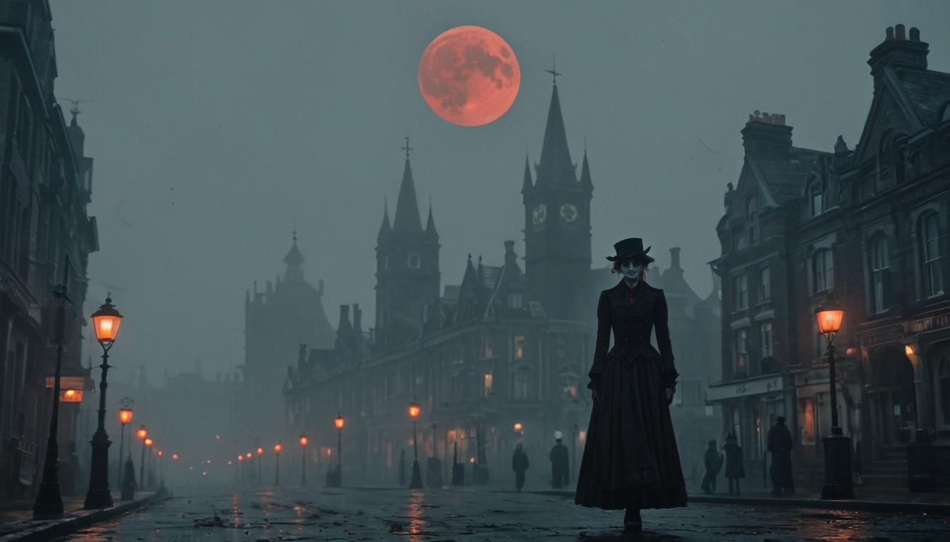 Demonic Woman in Foggy Victorian Cityscape