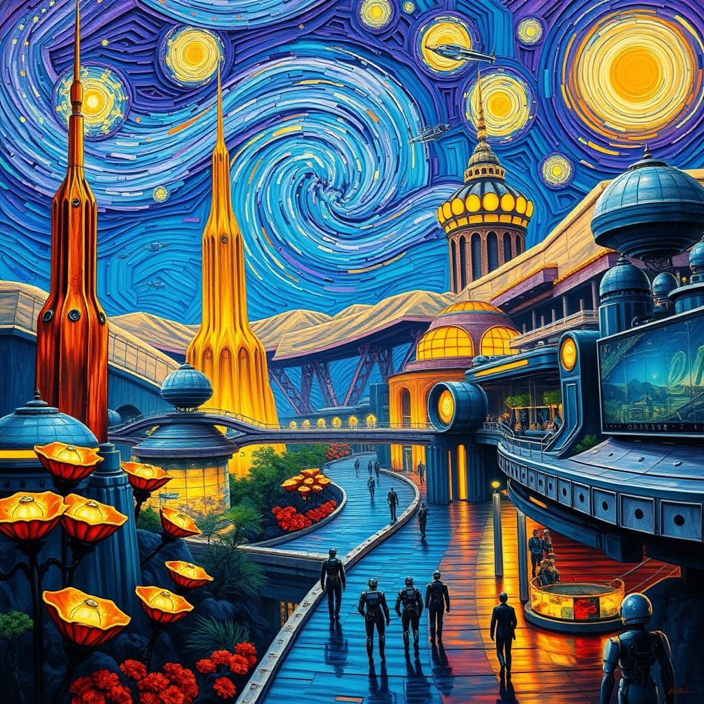 Galactic Metropolis Radiates Cosmic Hues in Cyberpunk Style