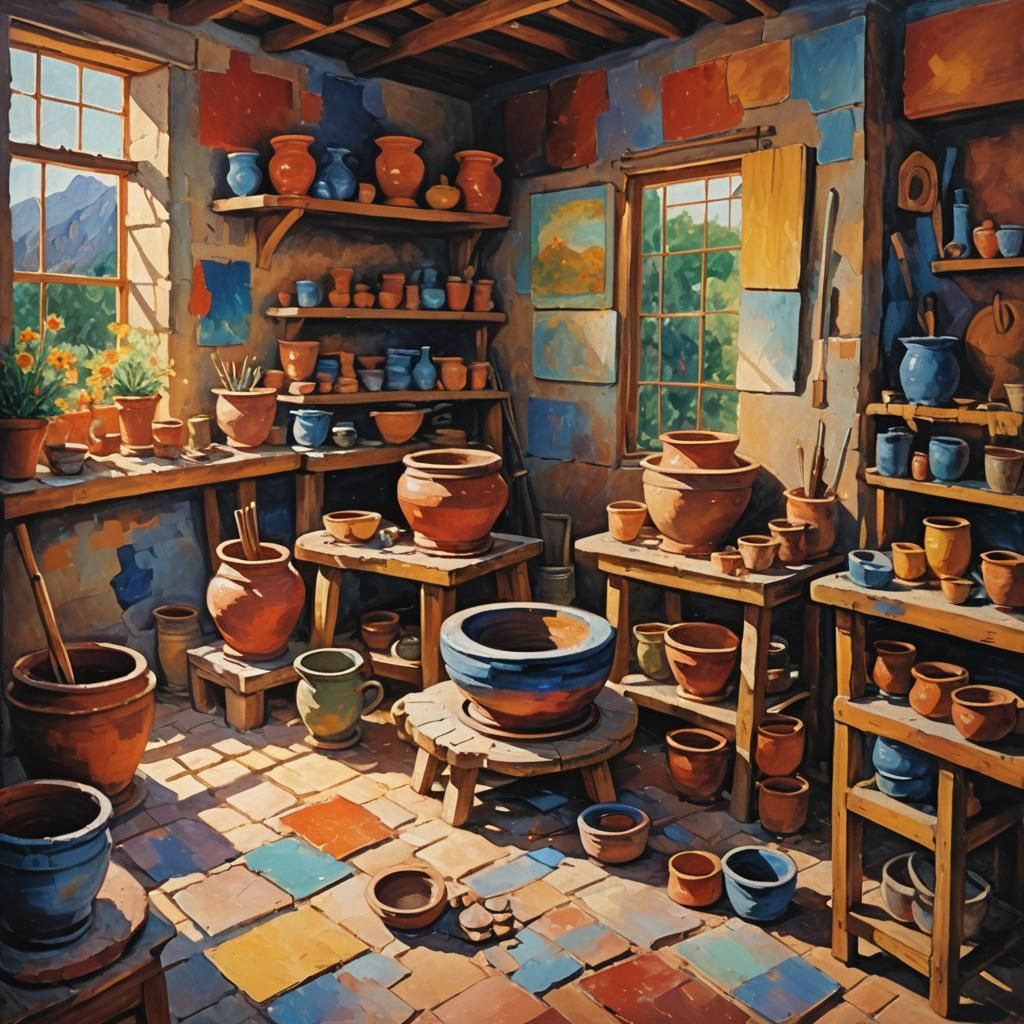 Pottery Studio in Impasto Style with Sunshine Rays