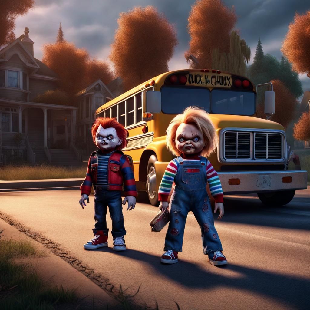 Chucky and Bride at School Bus Stop