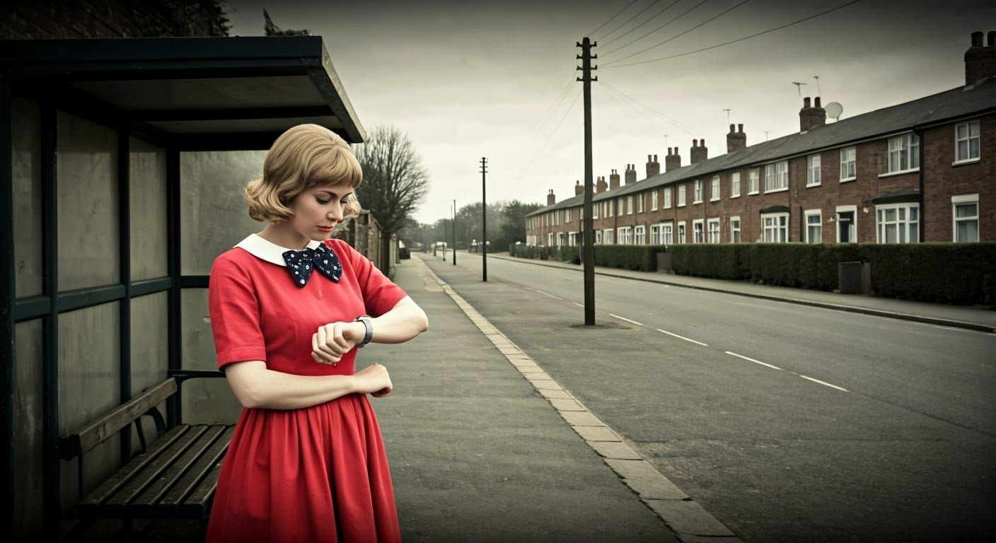 British Cinema Scene: Woman at Bus Stop