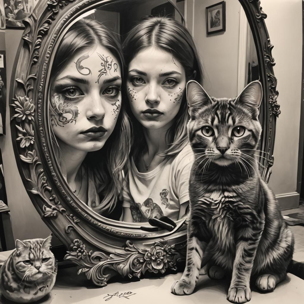 Girl and Animal Reflections in Charcoal Drawing