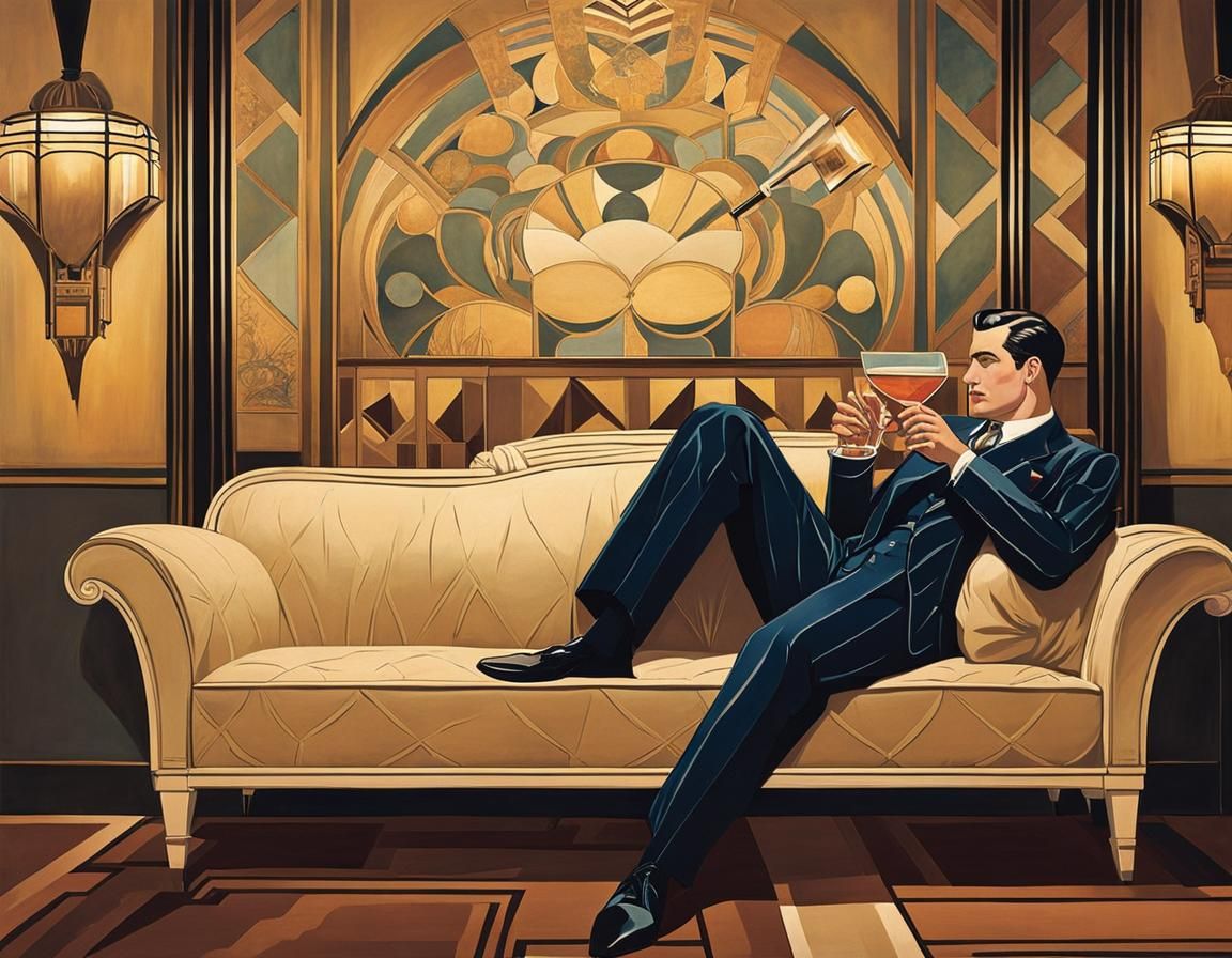 Elegant Art Deco Salon with Man Sipping Drink