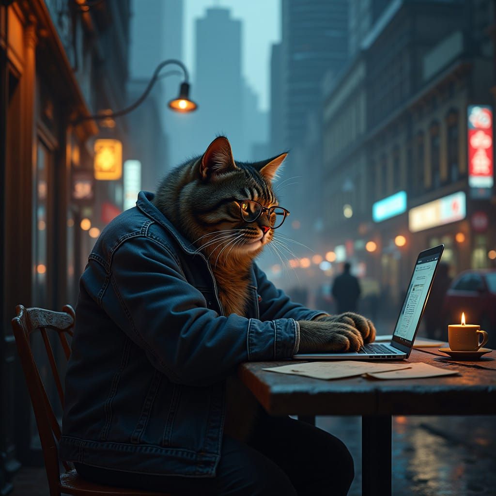 Stout Cat in Cyberpunk Cafe, Wearing Glasses and Faded Jacke...