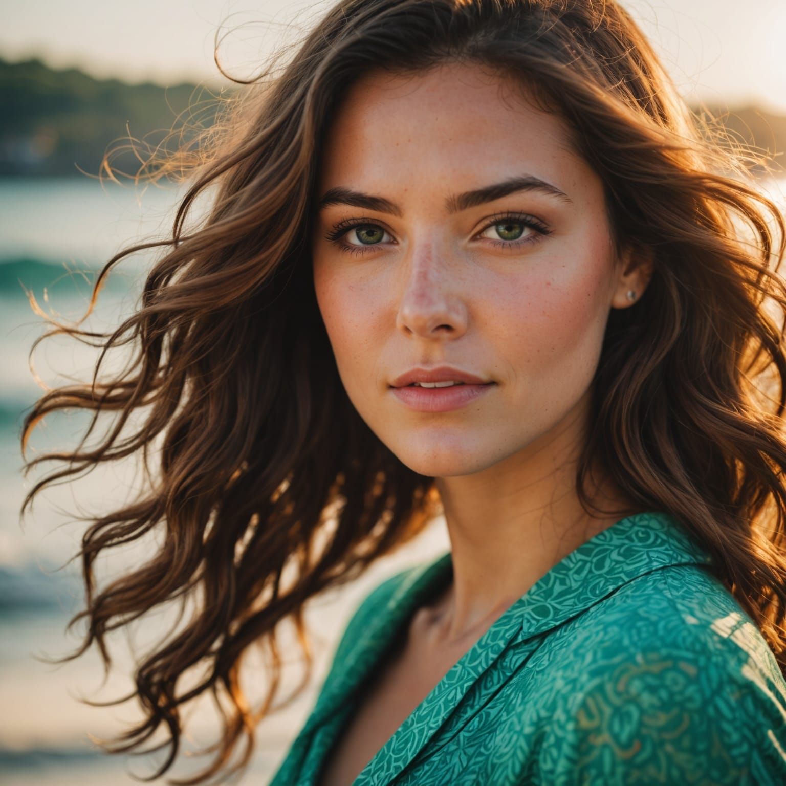 Sunny Seaside Goddess in Vibrant Green and Blue