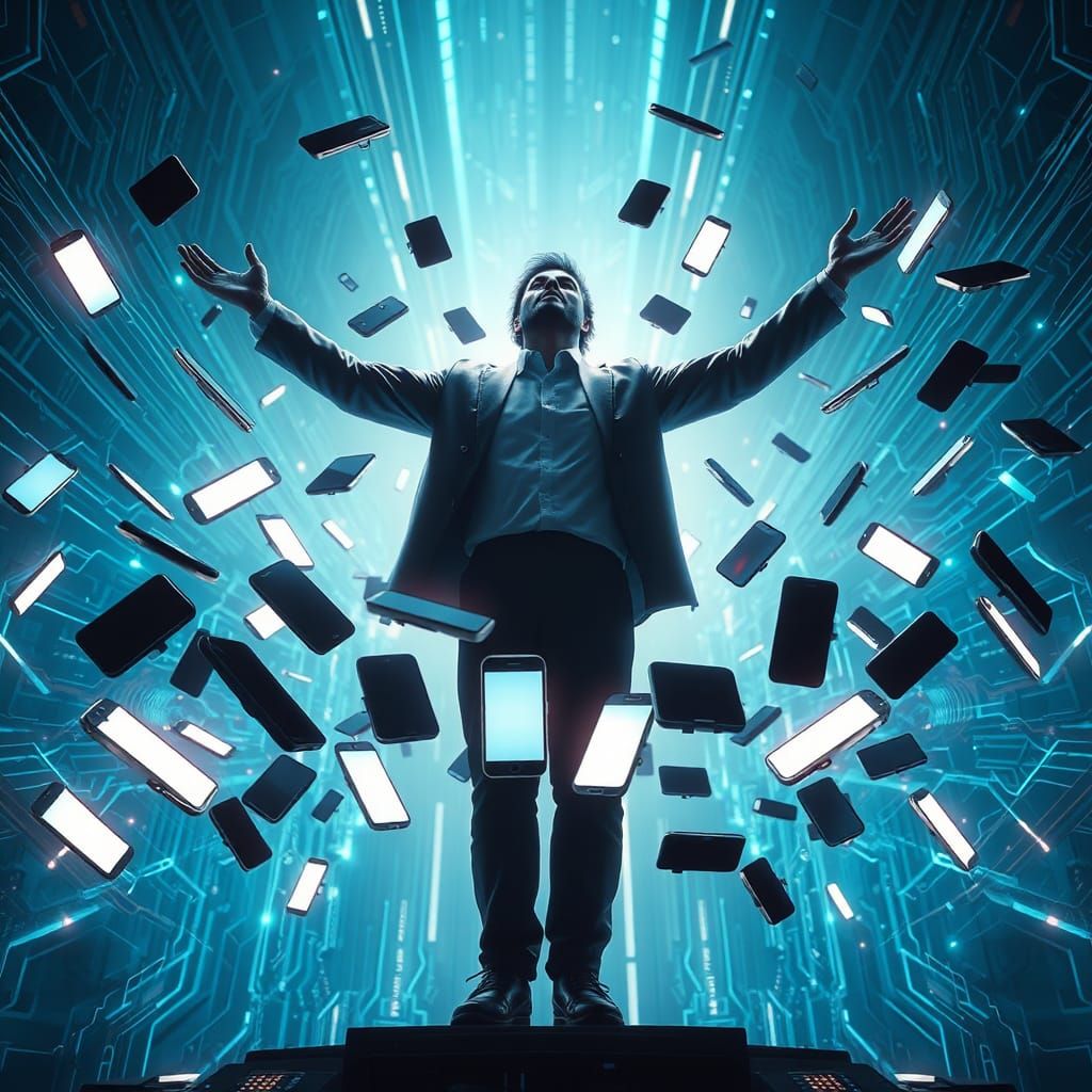 Man Embracing the Technological Realm in Futuristic Style