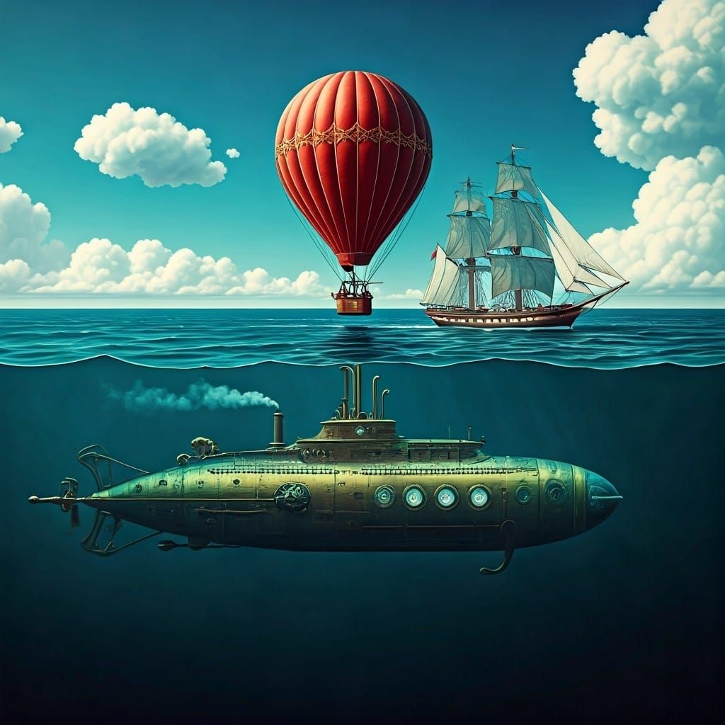 Surreal Steampunk Dreamscape with Hot Air Balloon, Sailing S...