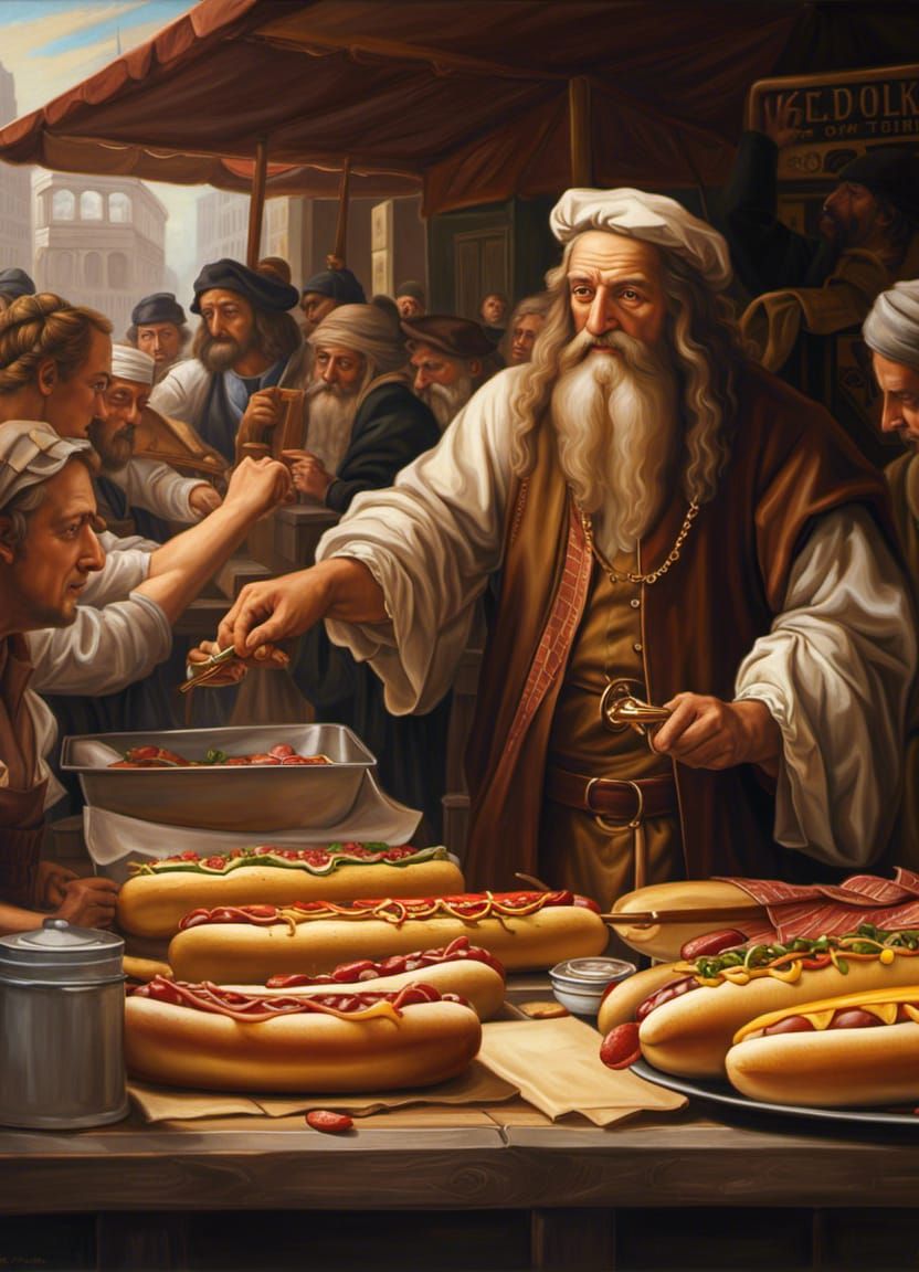 Hot Dog Vendor in NYC, Detailed Oil Painting