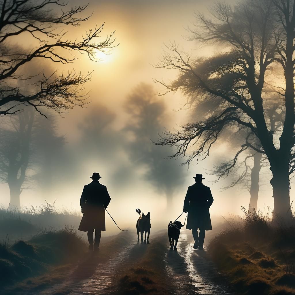 Detective and Dog on Misty Moor at Sunset